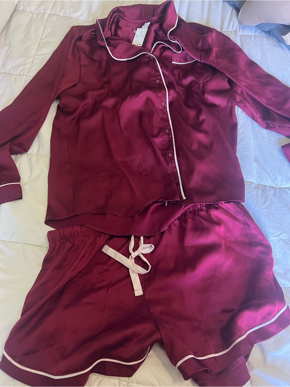 NWT stars above Satin Burgundy Pajama Set with Cream Piping L